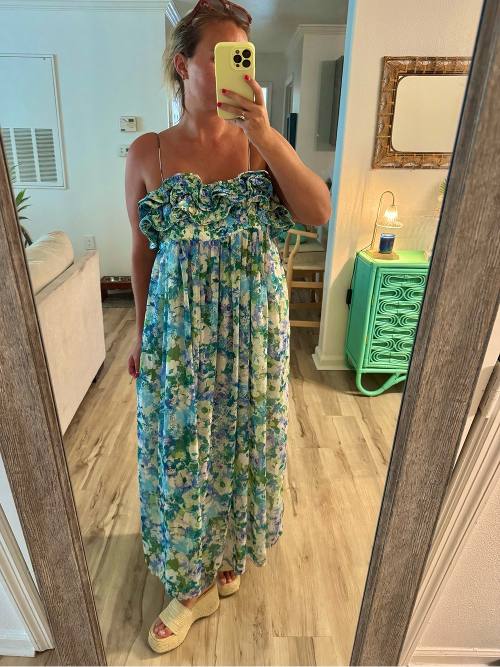 NWT Mango Blue Watercolor Floral Ruffle Maxi Dress Size Medium Cottagecore